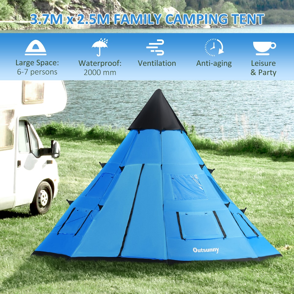 image 1 of Outsunny 6-7 Person Large Family Party Camping Tent with Carrying Bag, Blue