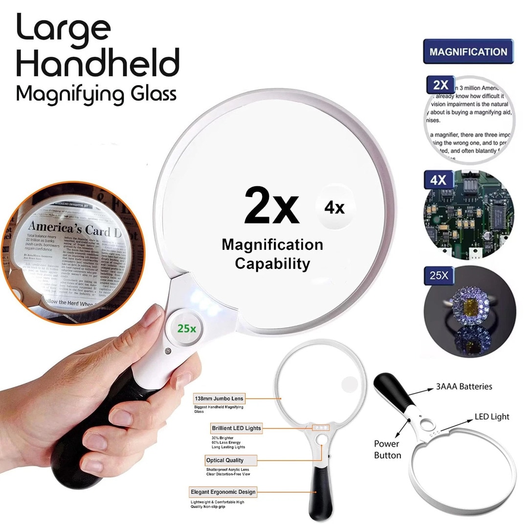 ATEK 25X Magnifying Glass with LED Light, Handheld Large Lighted Magnifier Lens Loupe For Seniors Reading Coins Jewelry Small Print in White