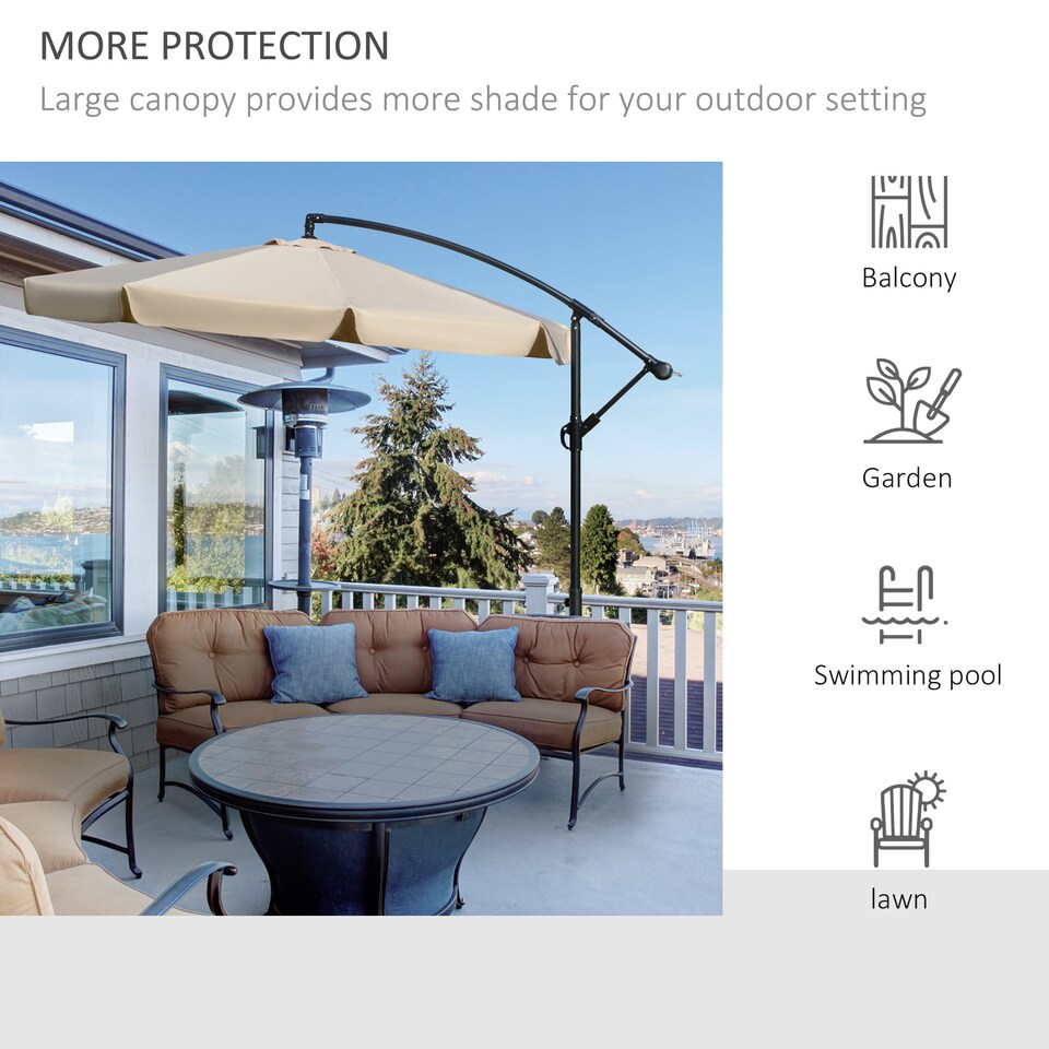 image 1 of Outsunny 2.7m Garden Banana Parasol Cantilever Umbrella with Crank Handle and Cross Base for Outdoor, Hanging Sun Shade, Light Brown