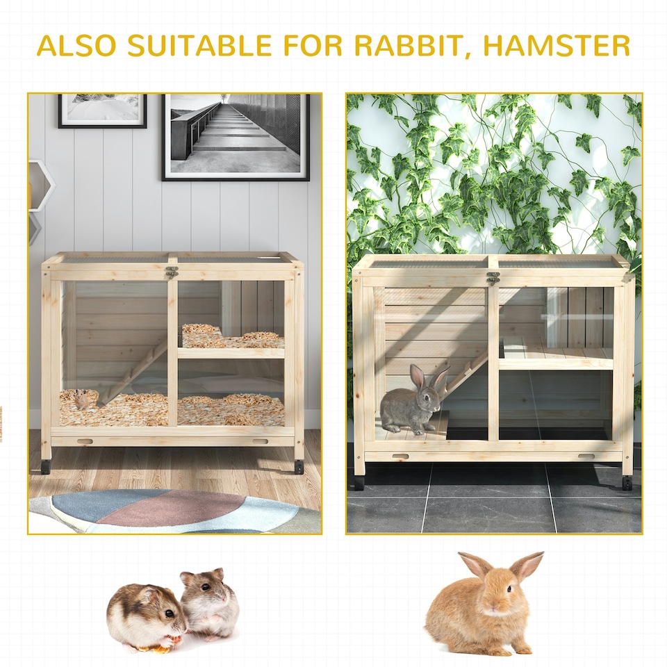 image 1 of PawHut Rabbit Hutch, Bunny Cage 2 Layers with Wheels & Open Roof, Natural