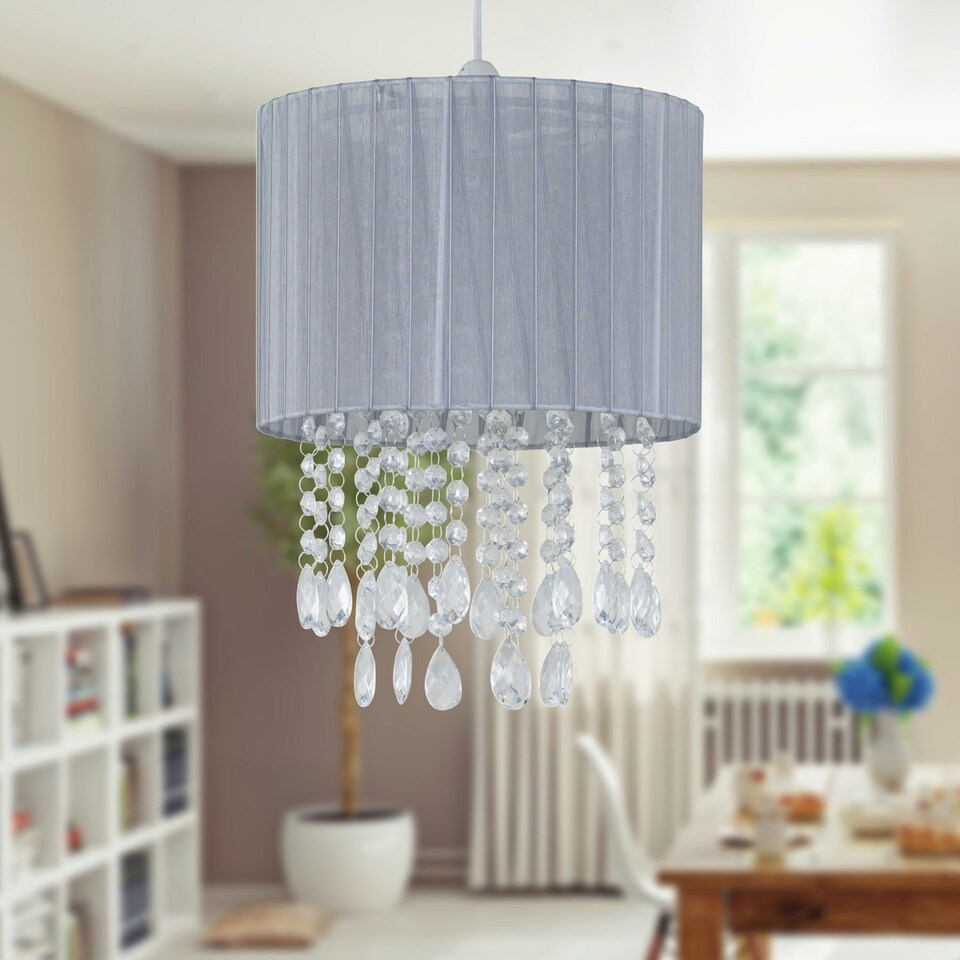image 1 of First Choice Lighting Set of 2 Voile 25cm Jewelled Grey Ribbon Pendant Shades Grey | Clear