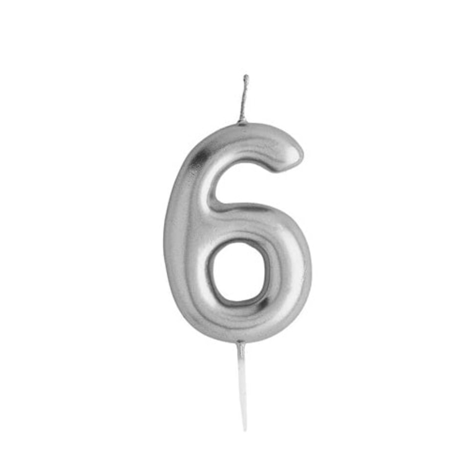 Metallic Silver Number 6 Shaped Candle