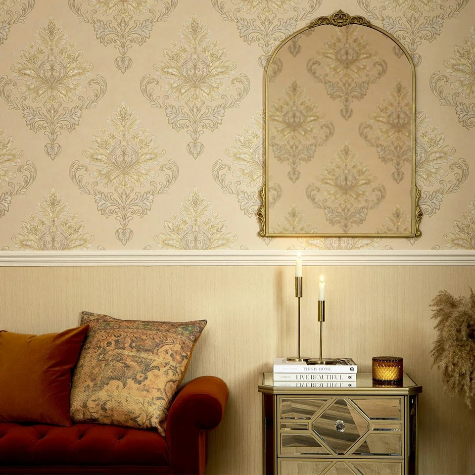 image 1 of Jasmine Damask Wallpaper in Sand with Metallic Gold Multi