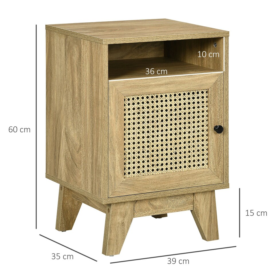 image 1 of HOMCOM Nightstand, Rattan Bedside Table w/ Cabinet, Shelf, Natural