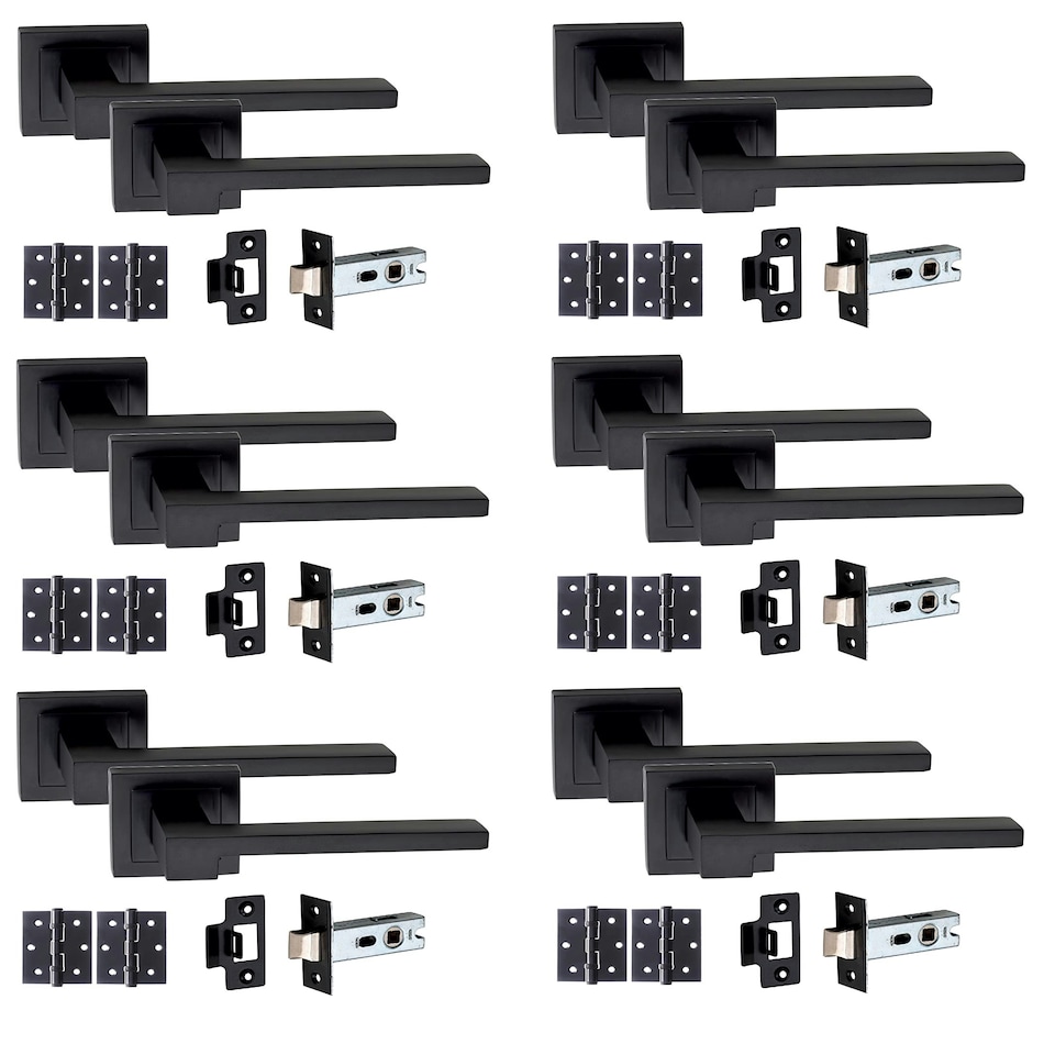 image 1 of Golden Grace 6 Pairs Zeta Design Door Handles Lever Latch on Square Rose in Matt Black Finish with Tubular Latch and Pair of 3" Ball Bearing Hinges Black
