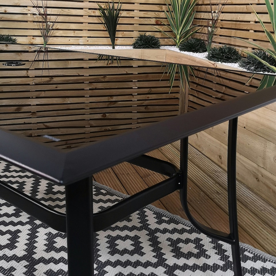 image 1 of Outdoor 4 Person Rectangular Glass Top Garden Patio Dining Table Chairs With Black Parasol and Base Set
