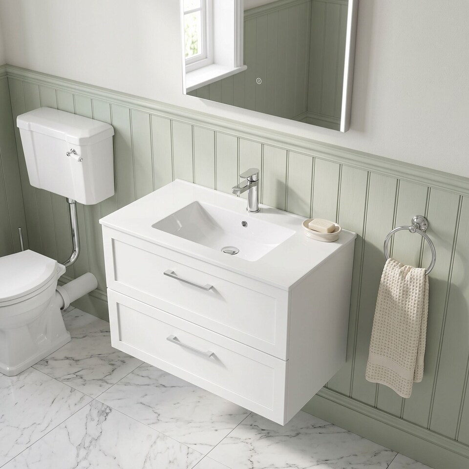 image 1 of Balterley Stonnall Traditional Wall Hung 2 Drawers Vanity Unit with Minimalist Ceramic Basin, 800mm, Matt White