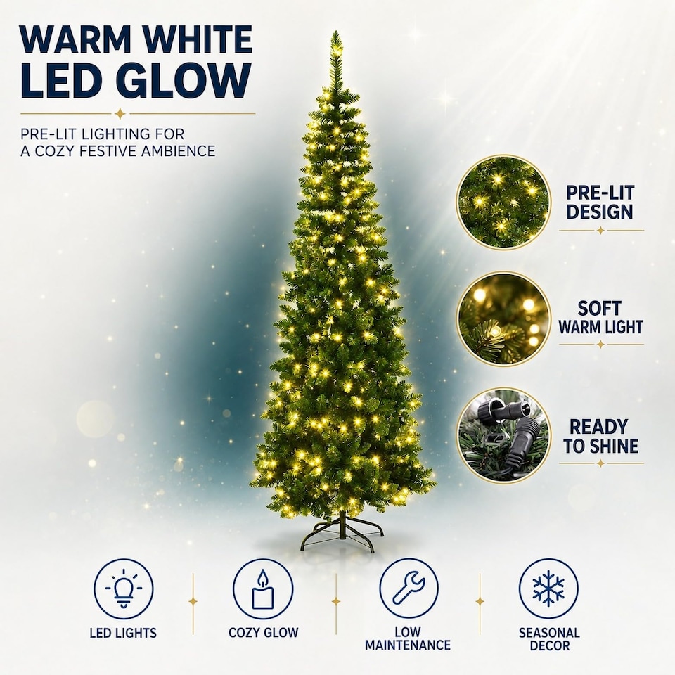 image 1 of 6FT Pre-Lit Pencil Christmas Tree with Warm White LED Lights - Festive Xmas Decoration for Home and Holiday Display