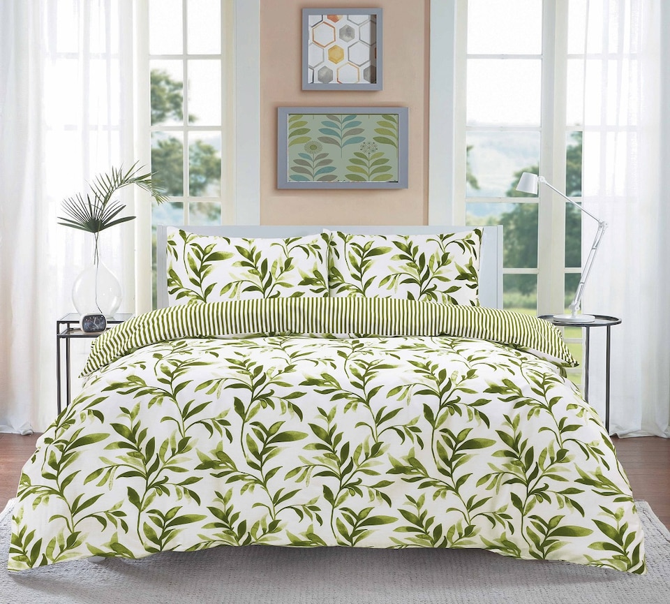 image 1 of Homes Linen Ellie Green Leaf Floral Duvet Cover Set Reversible Printed Quilt Cover Luxury Easy Care Bedding Set | Green | Double