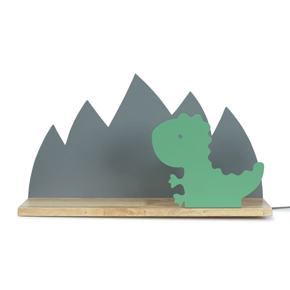 image 1 of ValueLights Kids Green and Grey Dinosaur Design Plug in Wall Light with Shelf and Pull Cord Switch - Including Bulb | Green