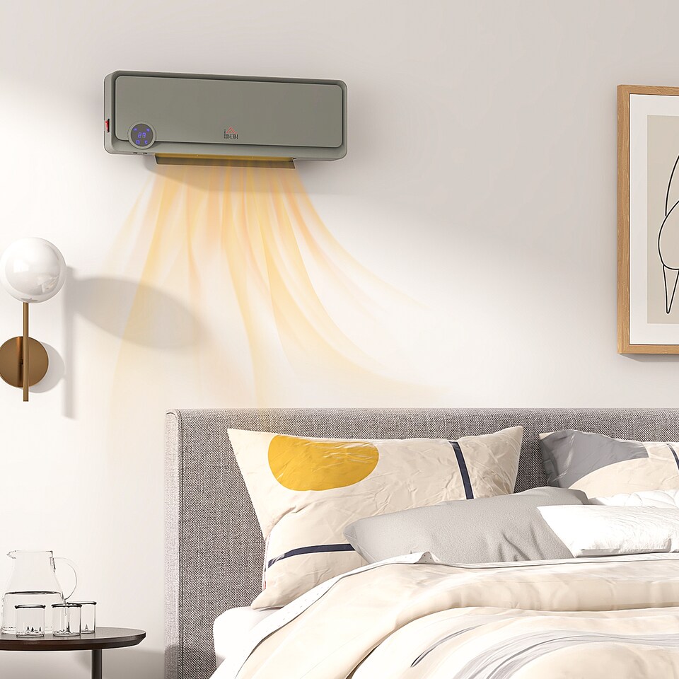image 1 of HOMCOM Wall Downflow Heater 2 Heat and Fan 1000W2000W, Electric Space Heater with Timer Remote Oscillating, for Bedroom Home Office, Grey