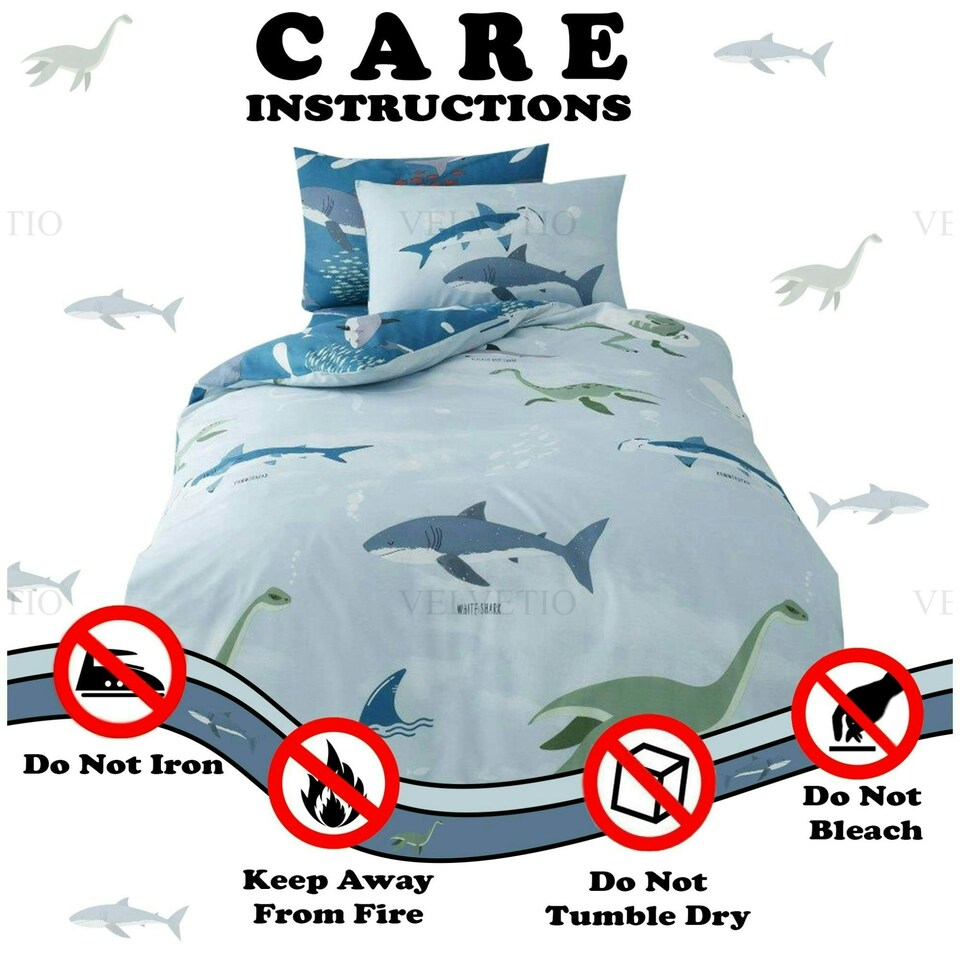 image 1 of VELVETIO Sea Dino Shark Duvet Cover Set Single Blue Soft Polycotton Reversible Kids Beddings Blue | Single