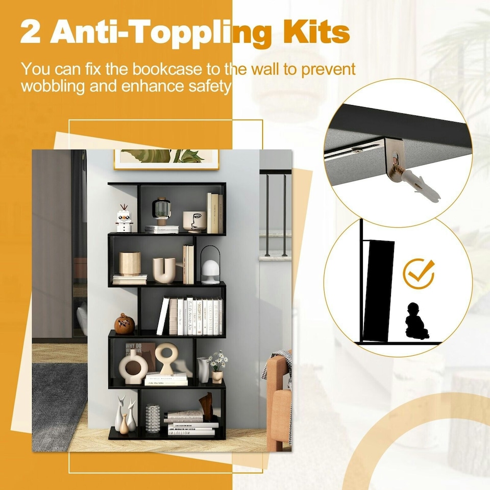 image 1 of COSTWAY 5-tier Bookcase S-Shaped Bookshelf Display Rack Black Black