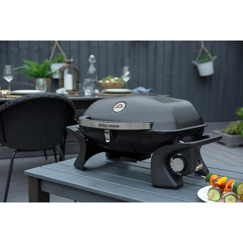 image 1 of George Foreman Gas BBQ GFSBBQ1 Black Stainless Steel Portable with Easy Ignition