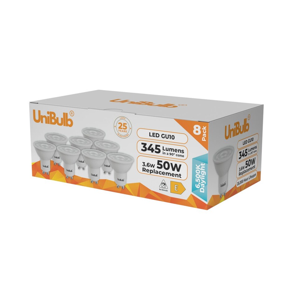 image 1 of UniBulb LED GU10 345lm 3.6W 6500K (Daylight) Light Bulb - Pack of 8