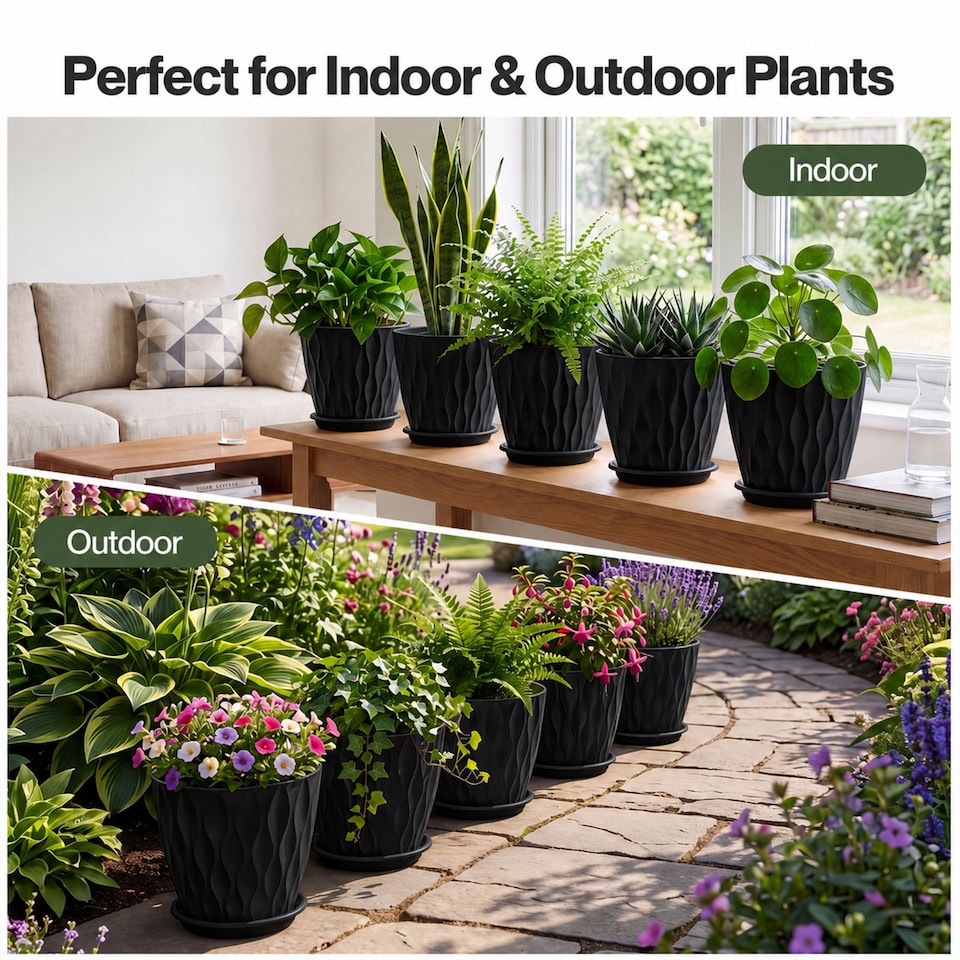 image 1 of TOQUE Plant Pots,5Pc 20cm Plant Pots Indoor,Drainage,PP Plastic,Black