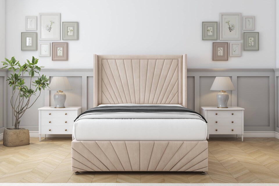 image 1 of Sloomy Rutherford Sand Naples Divan Bed With Mattress No Drawers With 54" Wingback Headboard & 12" Matching Footboard 5' King | Cream | Sand | King | 1