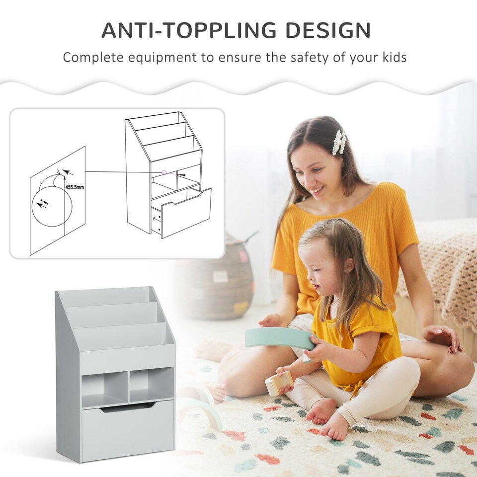 image 1 of HOMCOM Kids Bookcase, Toy Box w/ Storage Drawer, Wheels for Bedroom - Grey