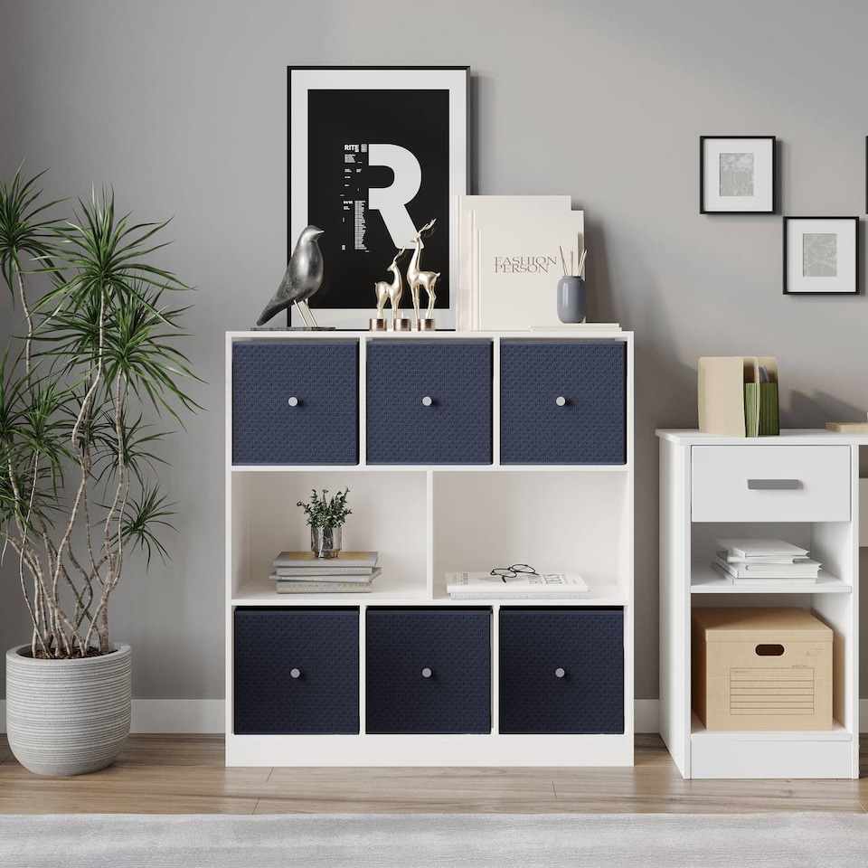 image 1 of Asymmetrical 8 Cube Bookcase Unit w/ 6 Drawer Inserts | White | White & Navy Blue | 8