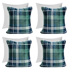 OHS 4 x Hudson Flannel Fleece Check Printed Filled Cushions, 45x45cm - Green