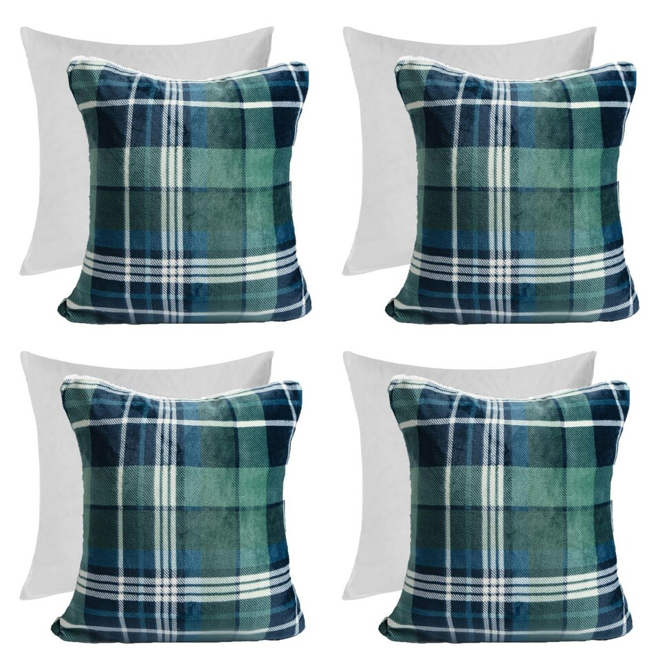 image 1 of OHS 4 x Hudson Flannel Fleece Check Printed Filled Cushions, 45x45cm - Green