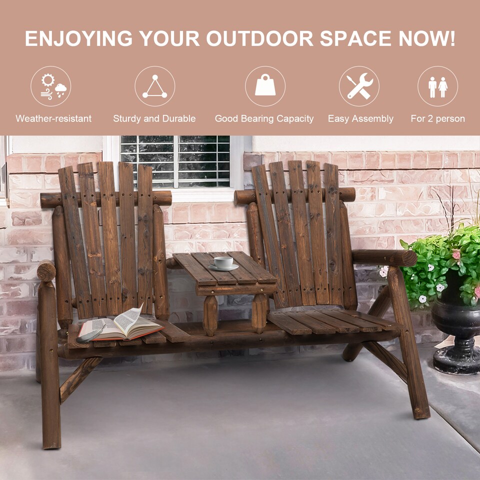 image 1 of Outsunny Wood Patio Chair Bench 2 Seats with Centre Coffee Table, Garden Bench for Lounging and Relaxing Outdoors, Carbonized