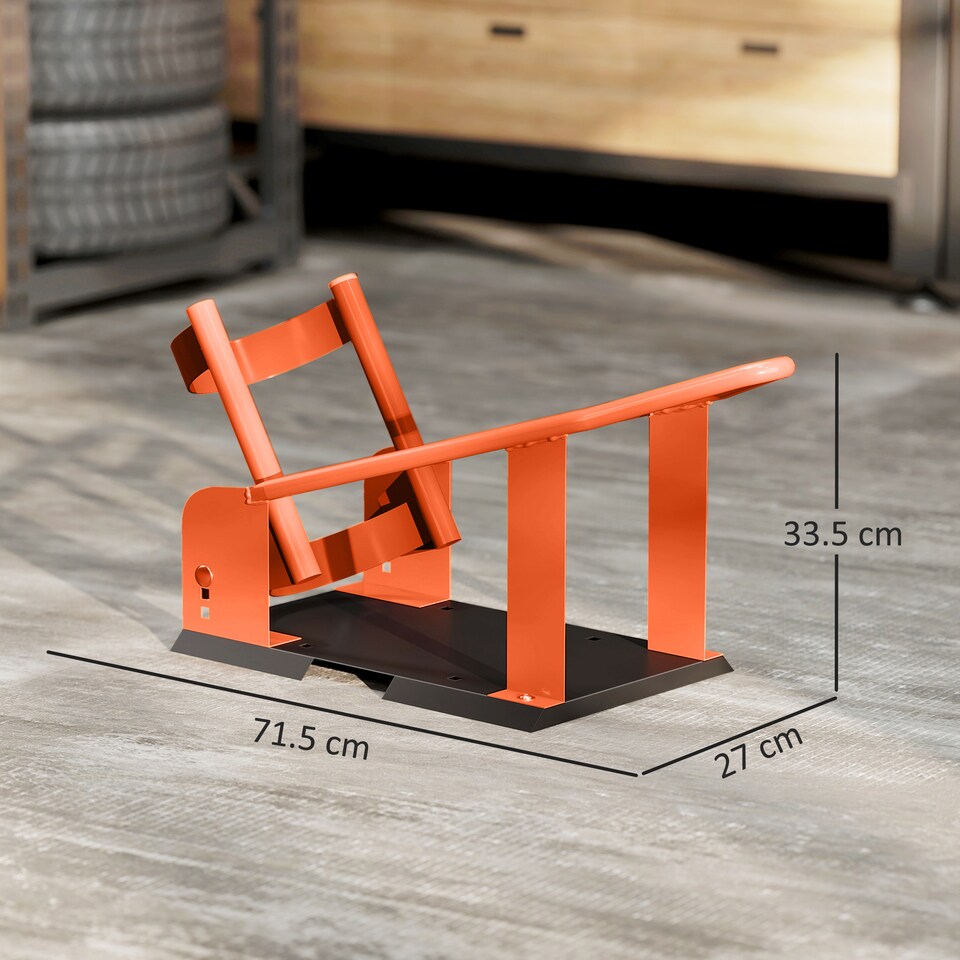 image 1 of HOMCOM Motorcycle Wheel Chock, 816.5 kg Capacity Heavy Duty Steel Motorcycle Front Wheel Chock Holder with 3 Height Adjustable Holes, Fits 381-533.4 mm Wheels, Orange