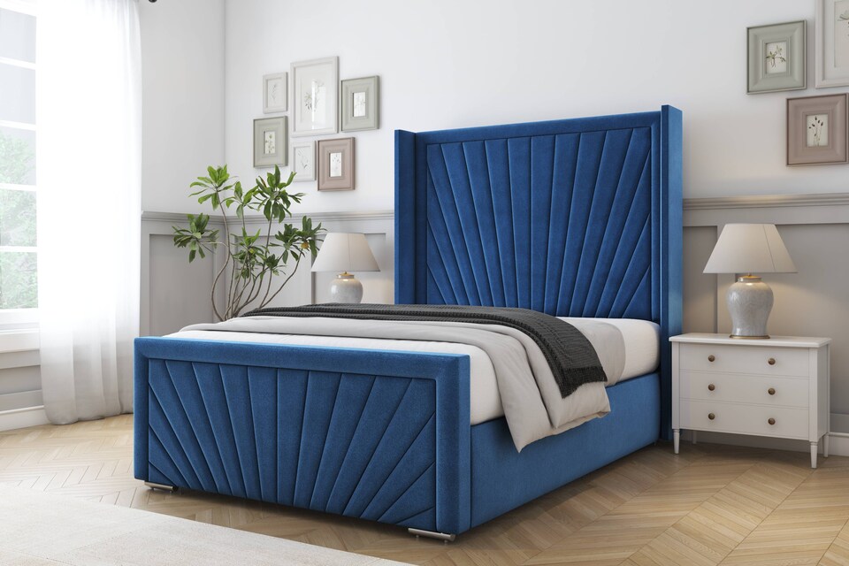 image 1 of Sloomy Rutherford Navy Plush Bed Frame With 50"  Upholstered Wingback Headboard 6' Super King