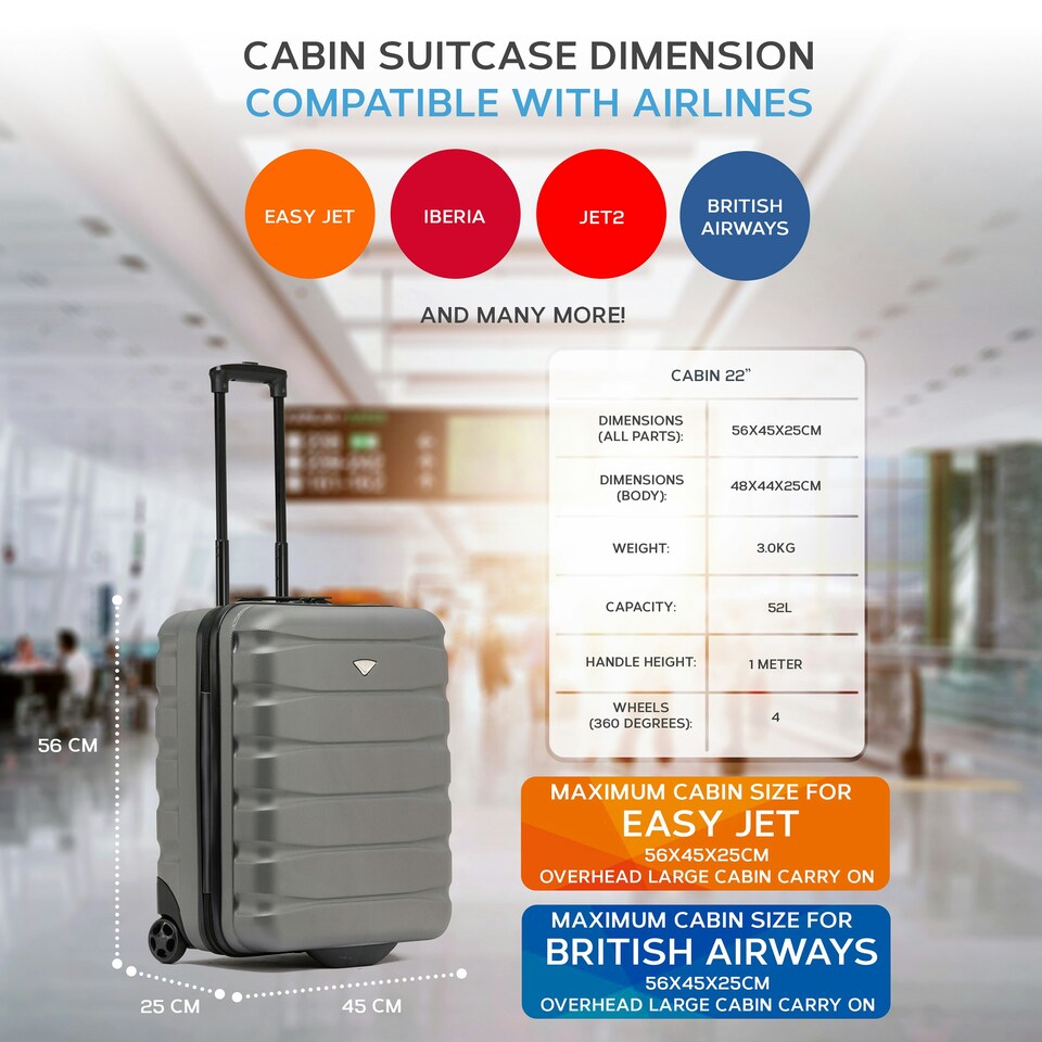 image 1 of Flight Knight Lightweight 2 Wheel ABS Hard Suitcases Cabin Carry On Hand Luggage Over 100 Airlines British Airways, Ryanair & easyJet Free Carry On 40x20x25cm Grey | Charcoal | Cabin Bag