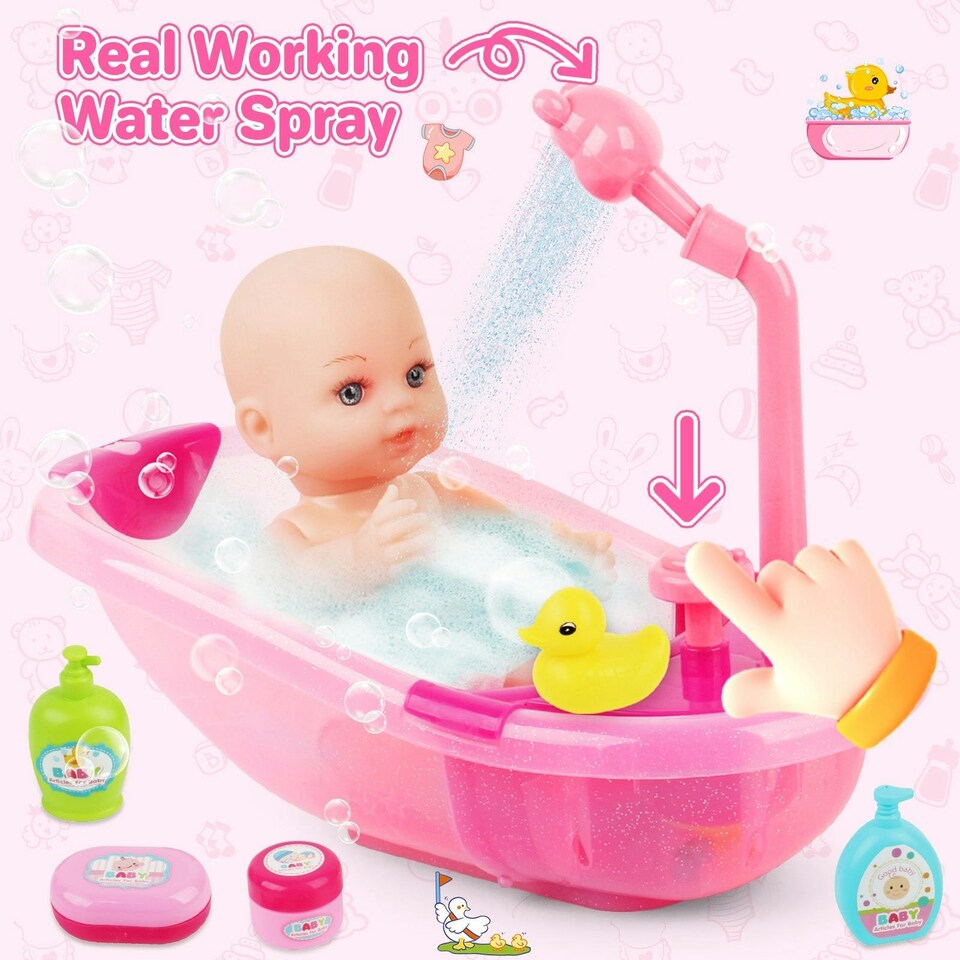image 1 of Baby Doll Bath Set with Accessories 16 Piece Pretend Play Bath Time Toy with Bathtub Shower Clothes Rubber Duck and Toiletries