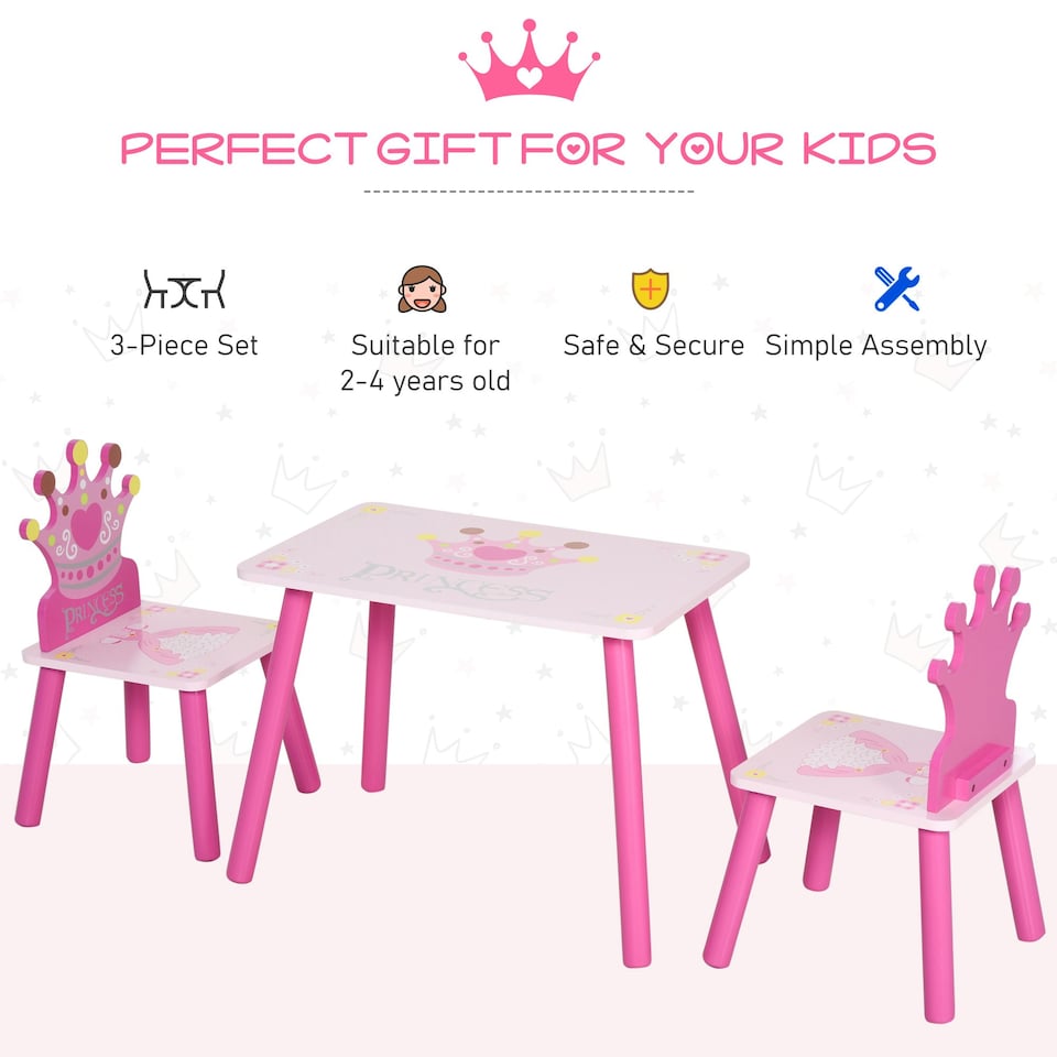 image 1 of HOMCOM 3 Pcs Kids Princess & Crown Chair Table Set Home Furniture 2-4 Yrs Pink | Multi