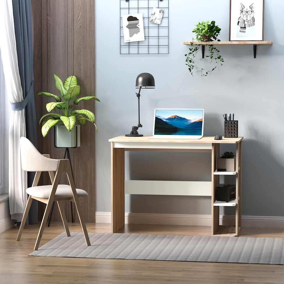 image 1 of HOMCOM Computer Desk, Writing Desk with 3-Tier Storage Shelf, Work Table for Home Office, Study, Living Room, Oak and White