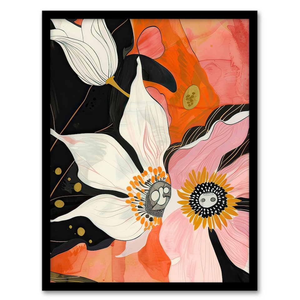 image 1 of Abstract Pink Orange Flowers Floral Boho Black Framed Wall Art Print A4