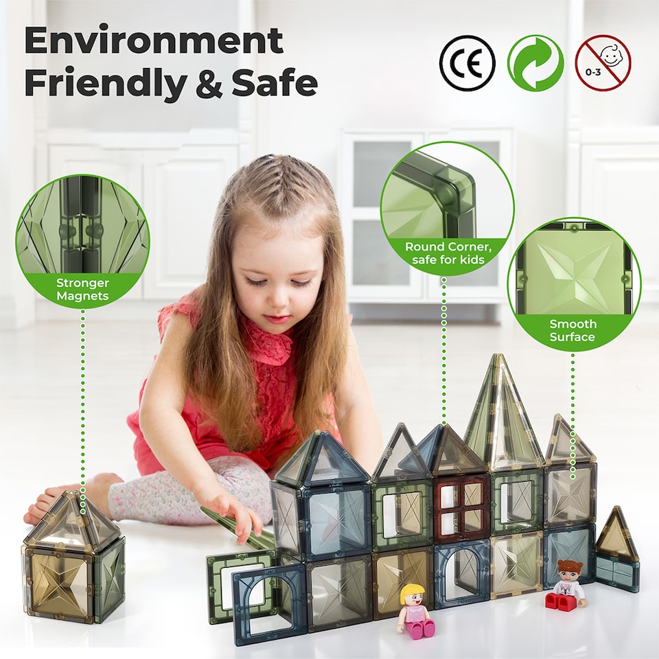 image 1 of Dekko 100pc Magnetic Tiles Building Blocks Safe Educational Toy for Kids | Multi | Nature