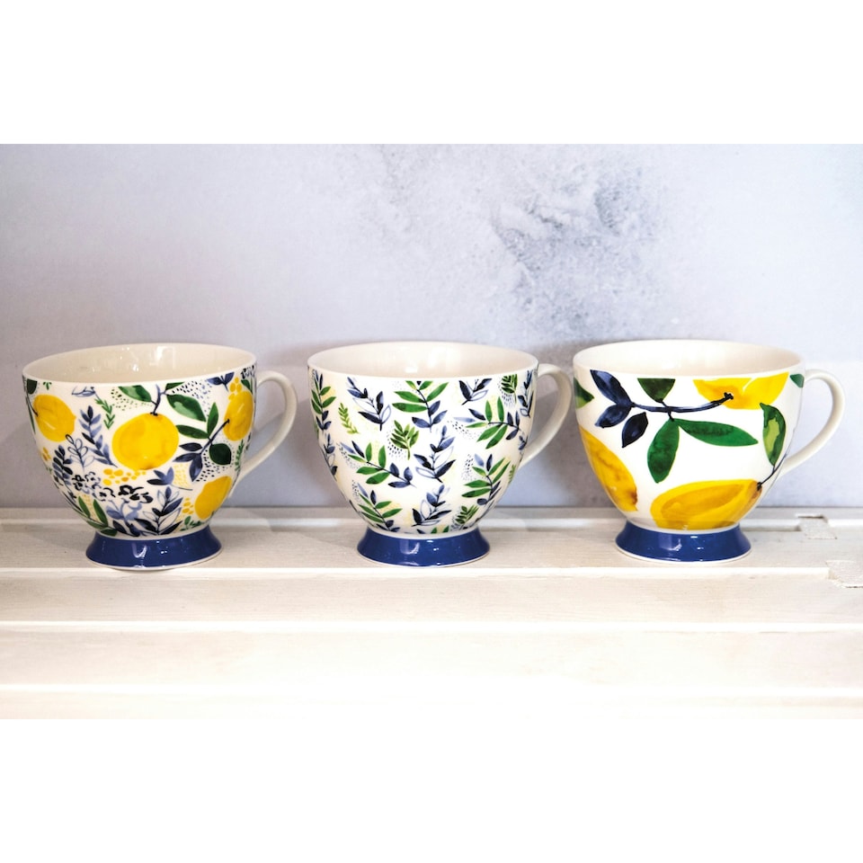 image 1 of KitchenCraft China Leafy Lemon 400ml Footed Mug | Blue | 1