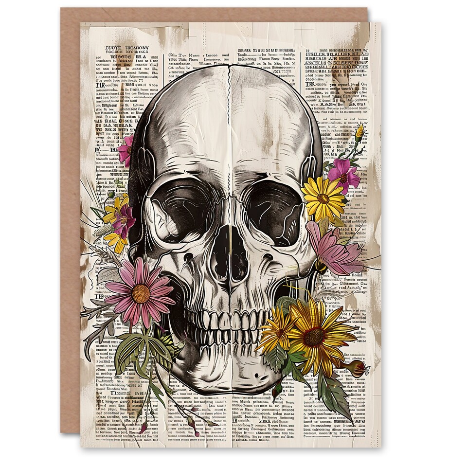 image 1 of Greeting Card Skull with Daisies Book Page Mixed Media Upcycle