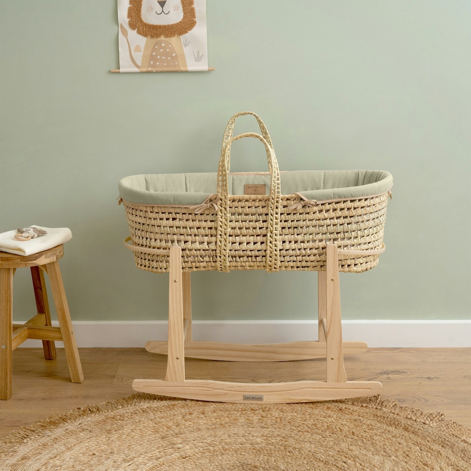 image 1 of Clair de Lune Organic Palm Moses Basket With Rocking Stand - Sage