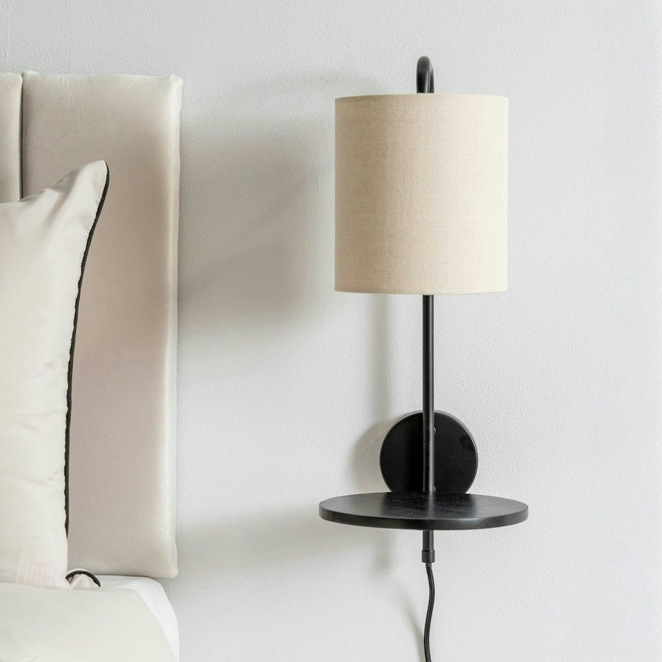 image 1 of ValueLights Ryan Natural Linen Lamp Shade Black Metal Wall with Wooden Shelf and LED Bulb Black