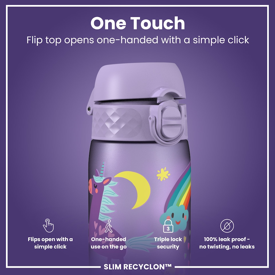 image 1 of Leak Proof Slim Water Bottle, BPA Free, 500ml (18oz) | Purple | Unicorns Periwinkle | One Size