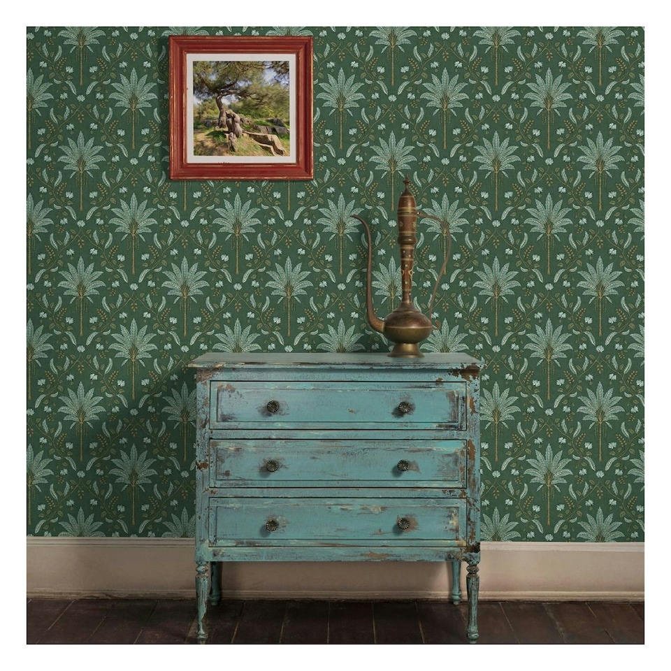 image 1 of Holden Décor Eastern Horizons Palm Trellis Wallpaper - Teal - 10m x 53cm Green
