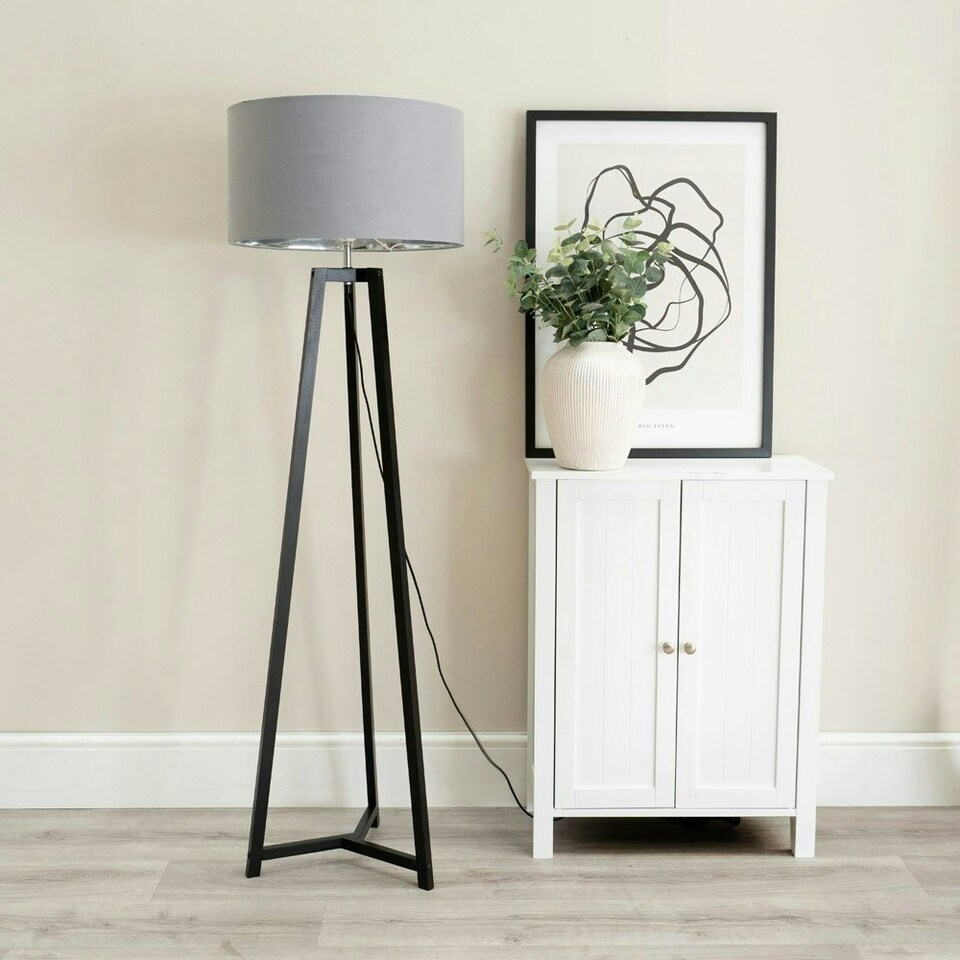 image 1 of ValueLights Lottie Black Wood Tripod Floor Lamp with Grey and Chrome Drum Shade | Grey