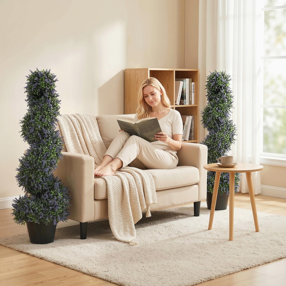 image 1 of Artificial Lavender Topiary Tree with 315 Leaves and 315 Flowers, Set of 2