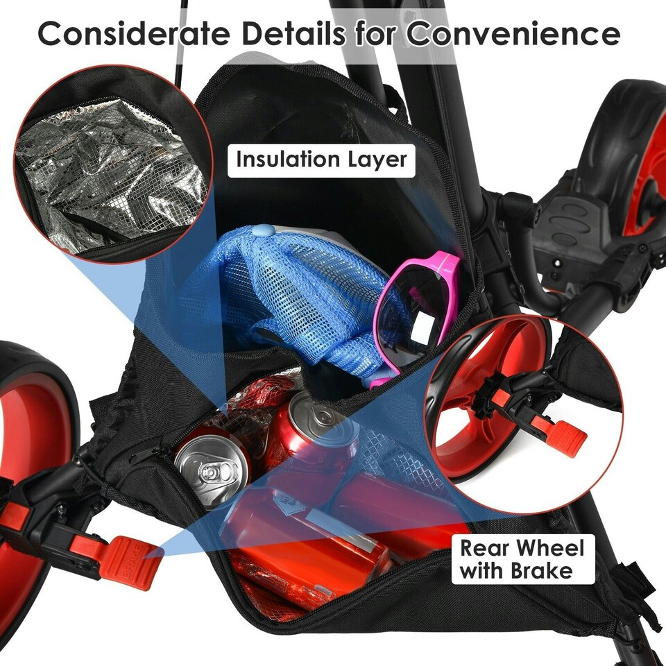 image 1 of COSTWAY 3 Wheel Golf Push Cart Folding Golf Holder Red