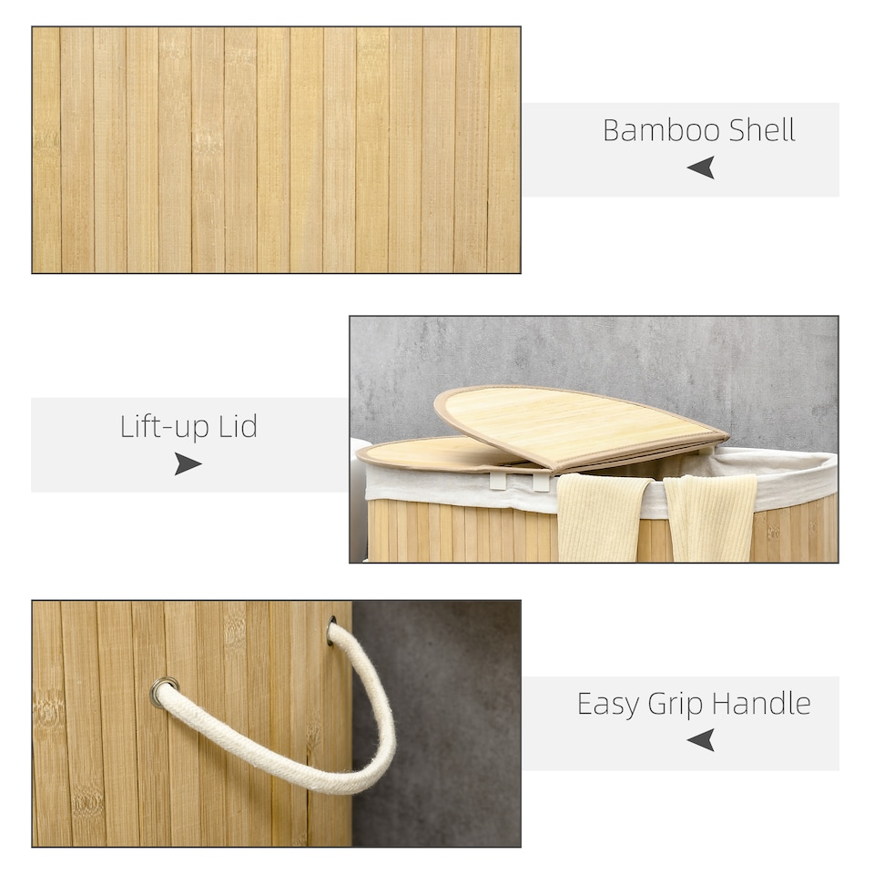 image 1 of HOMCOM Bamboo Laundry Basket with Lid, 100 Litres Laundry Hamper with 2 Sections, Removable Washable Lining, Washing Baskets, 62.5 x 37 x 60.5cm, Natural