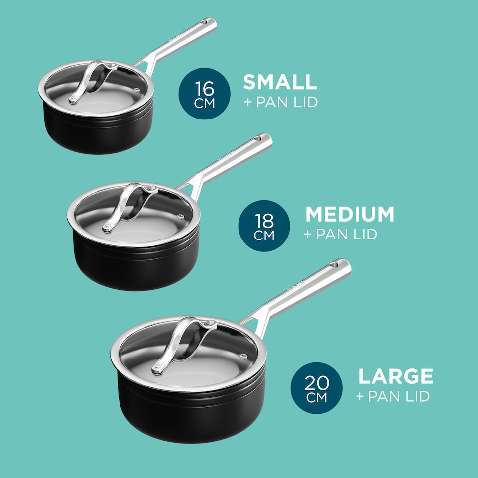 image 1 of DMD 3-Piece Sauce Pan Set with Lids (16/18/20cm Saucepans) Non-Stick, Stainless Steel Handles | Black | 3-Piece