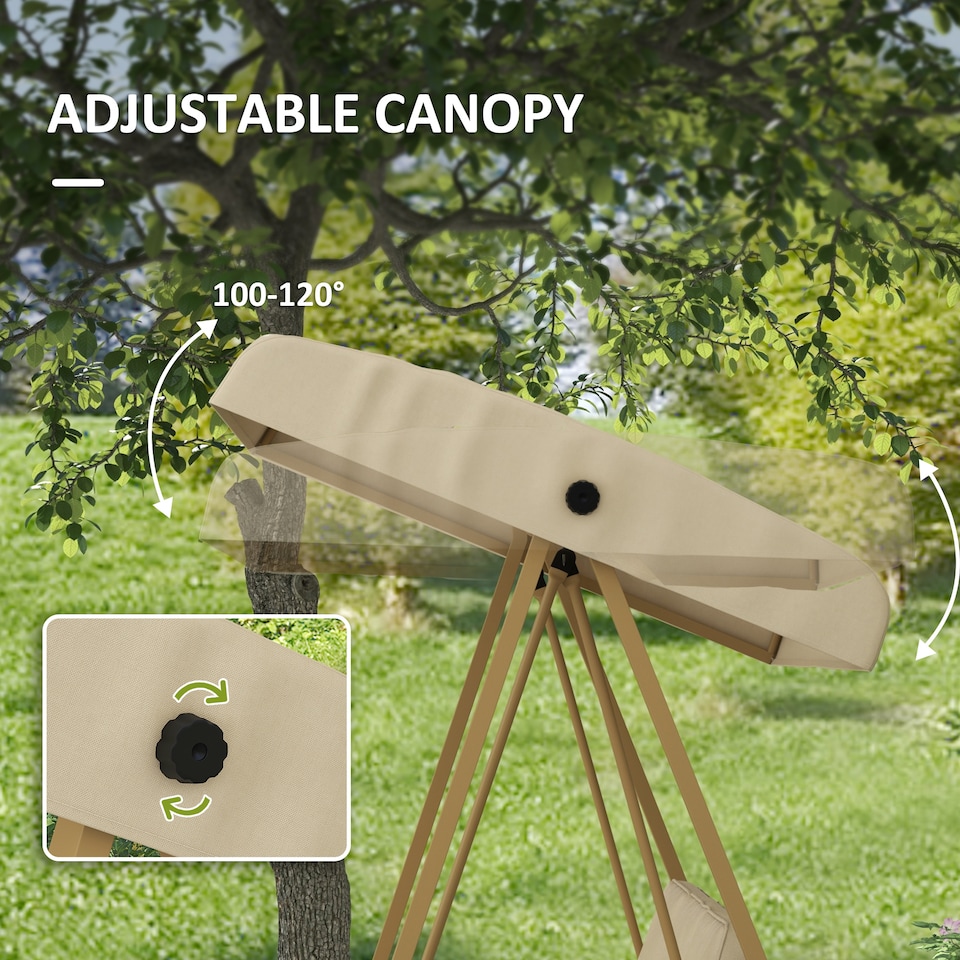 image 1 of Outsunny 3 Seater Garden Swing Chair with Adjustable Canopy and Cushions, Beige | White | Beige