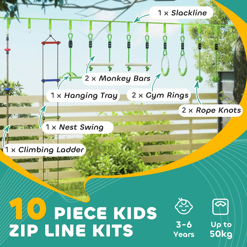 image 1 of AIYAPLAY Obstacle Course for Kid with 10 Piece Slackline Kit, Green