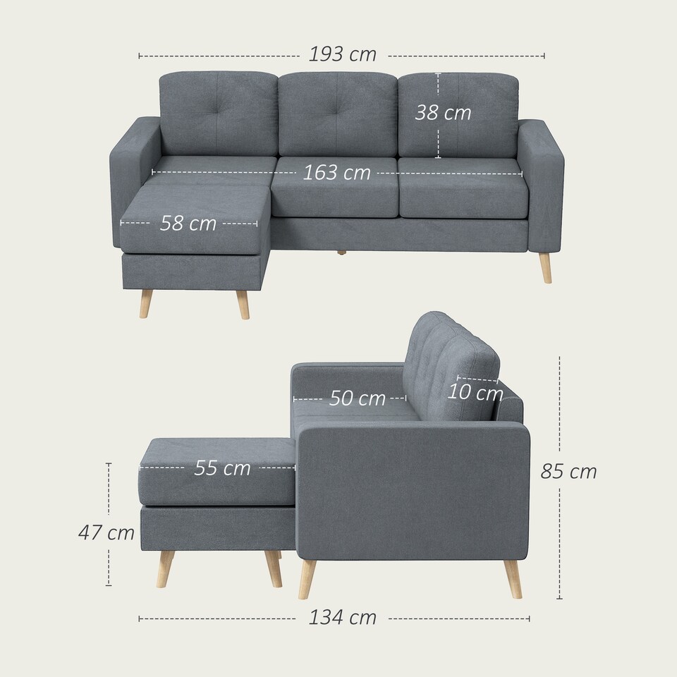image 1 of HOMCOM 3 Seater Sofa with Footstool, Fabric L-Shaped Sofa, Sectional Couch with Wood Legs, Tufting Cushioned Back for Small Space, Living Room, Office, Dark Grey | Grey