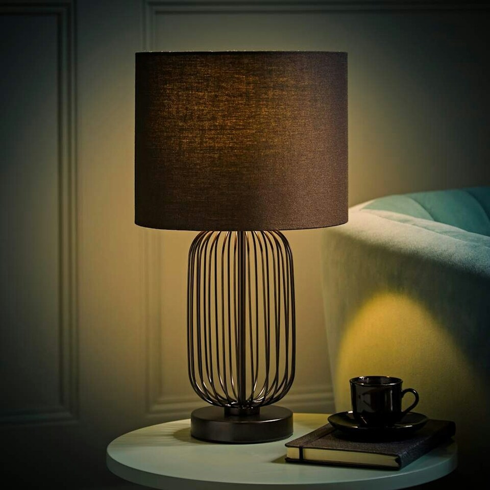 image 1 of ValueLights Gabbia Matte Black Metal Table Lamp with Small Black Drum Shade
