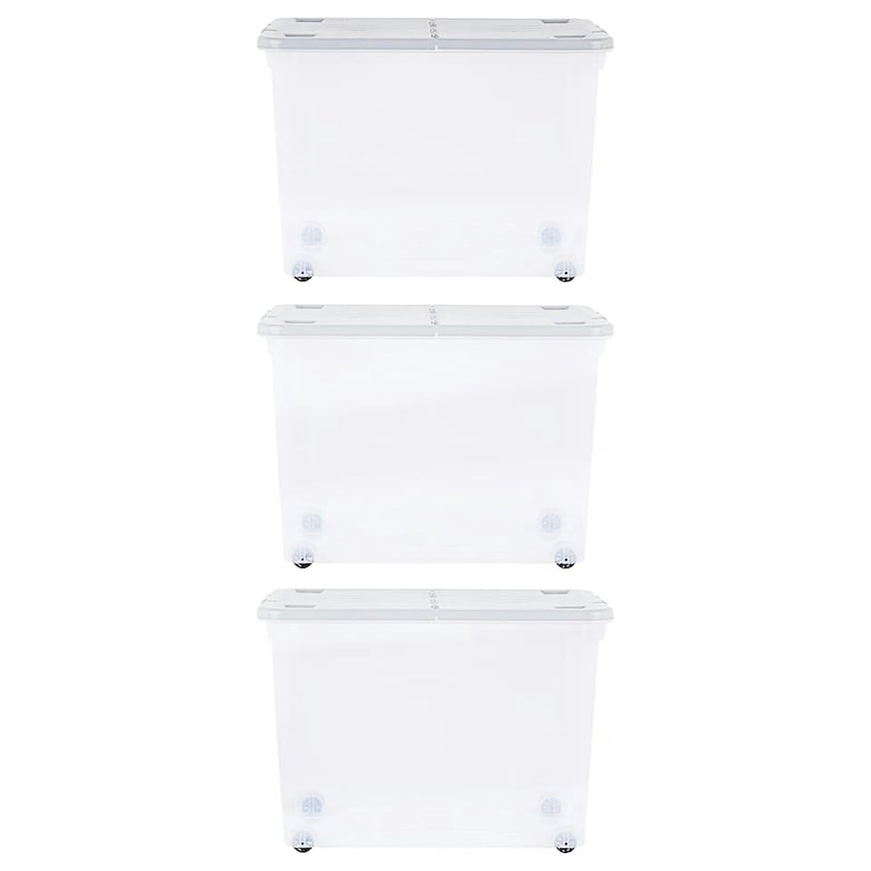 image 1 of 3 x 30L Clear Plastic Stackable Wheeled Storage Containers With Folding Split Lids Clear